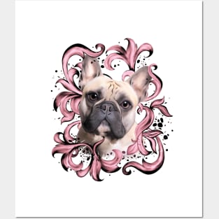 French bulldog, pink decorations leaves, frenchie lovers gift Posters and Art